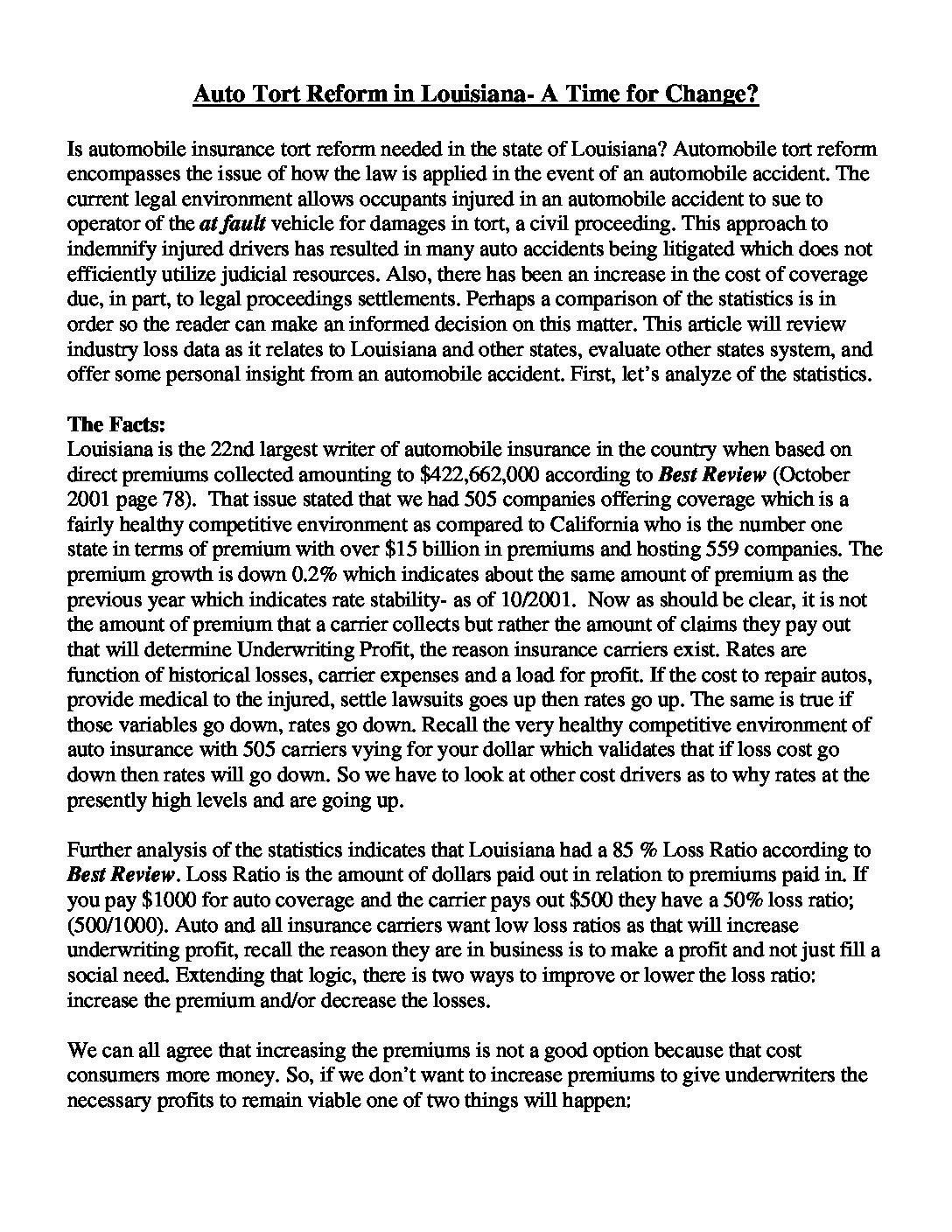 Auto Tort Reform in Louisiana