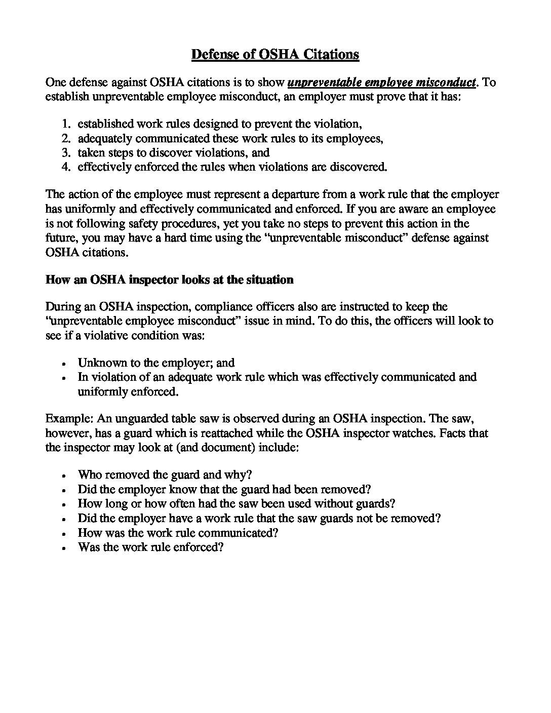 Defense of OSHA Citation