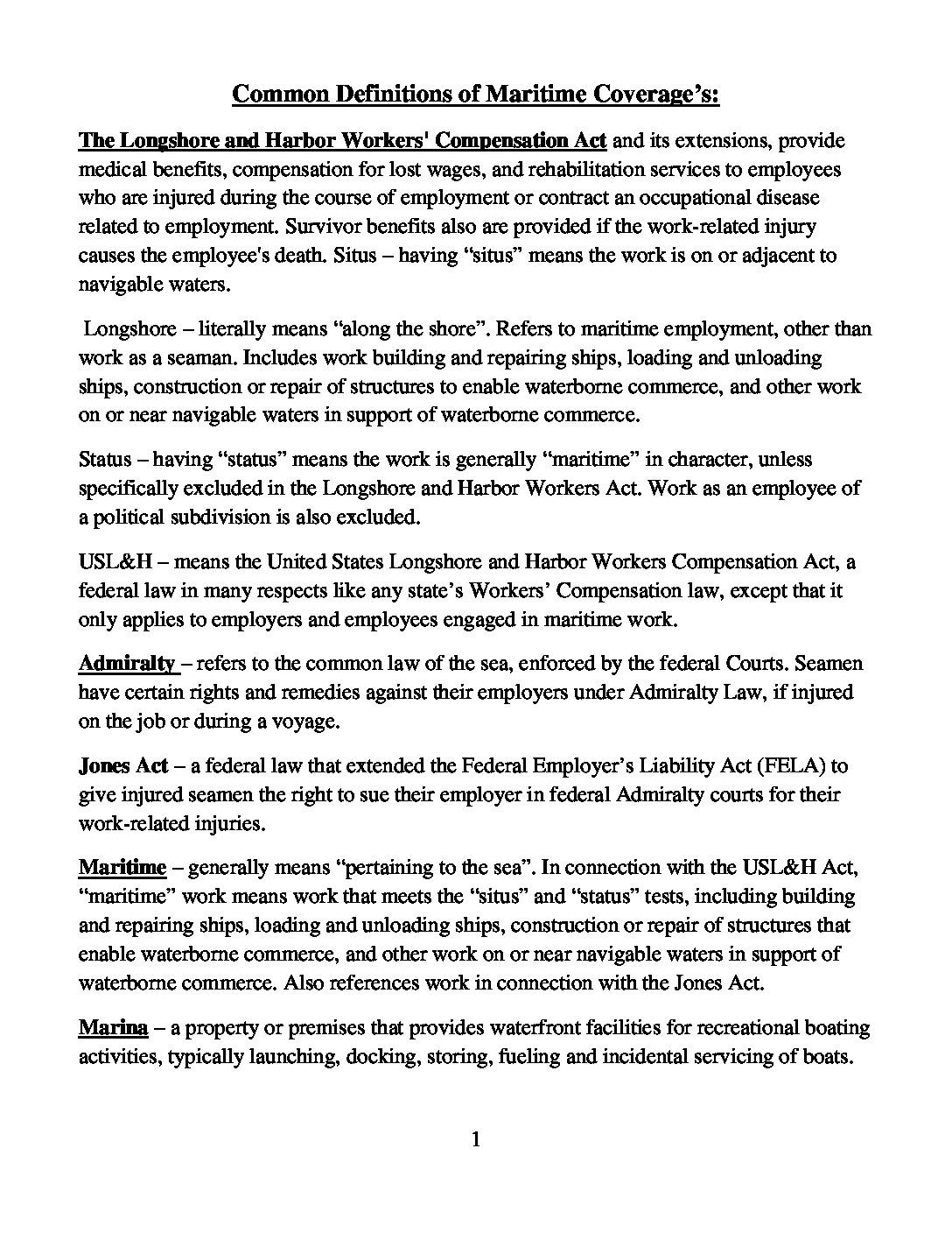 Definitions of Maritime Coverages