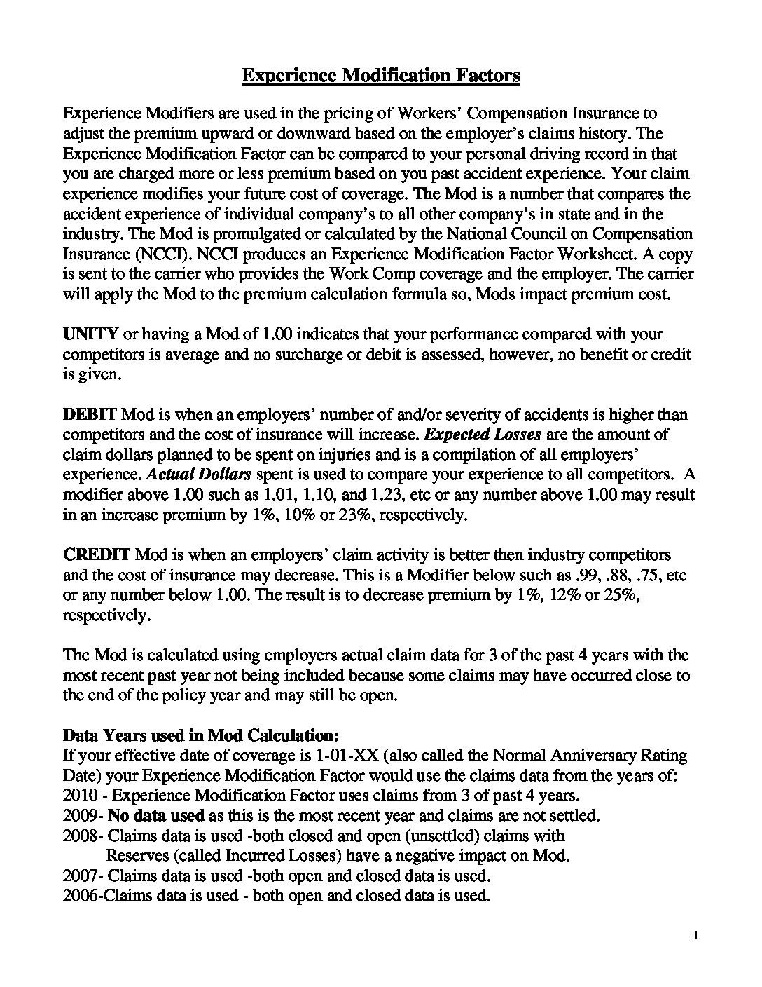 Experience Modification Factors (One Page)