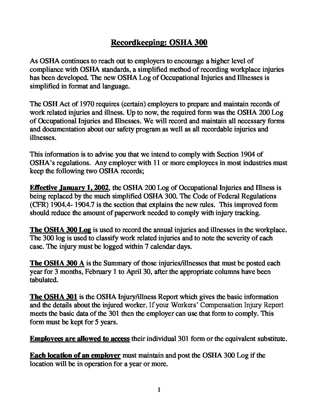 Record-keeping OSHA 300 Summary