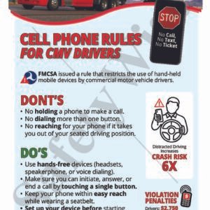 Cell Phone Rules for CMV Drivers safety poster outlining FMCSA regulations, including do’s and don’ts, penalties, and crash risks for commercial drivers.