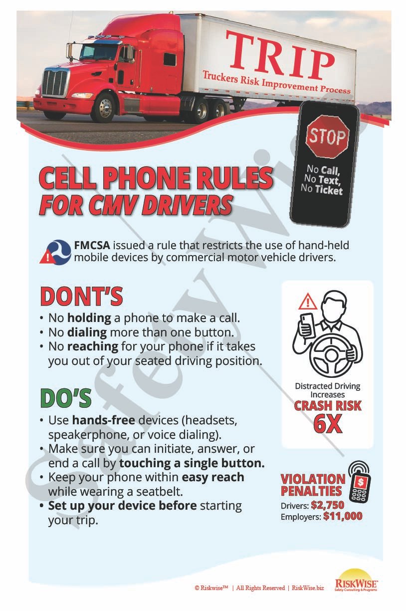 This safety poster highlights FMCSA regulations on mobile device use for commercial drivers, emphasizing hands-free compliance, penalties, and the dangers of distracted driving. Cell Phone Rules for CMV Drivers safety poster outlining FMCSA regulations, including do’s and don’ts, penalties, and crash risks for commercial drivers.